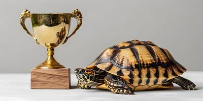 A turtle and winning trophy as a concept of perseverance photo