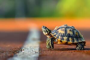 A turtle and winning trophy as a concept of perseverance photo