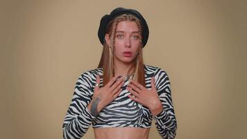 Puzzled guilty woman pointing fingers herself ask say who me no thanks i do not need it, refusal video