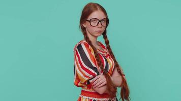 Offended redhead girl frustrated after quarrel, ignores and does not want to communicate, talk video