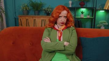 Displeased upset girl reacting to unpleasant awful idea, dismiss bad idea, wave hand, shake head No video