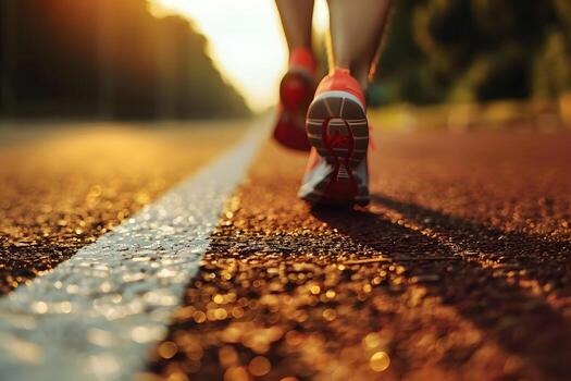 A runner running towards a finishing line, a concept of success and achievements photo