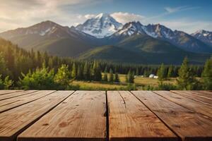 A close up of a wooden table with camping background photo