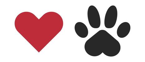 Heart mark and paw icon set. Affection and footprints. Pet lovers. vector