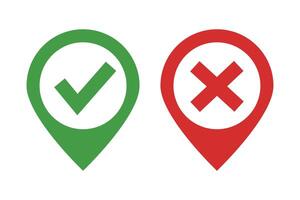Check mark and cross mark map pin icon set. vector