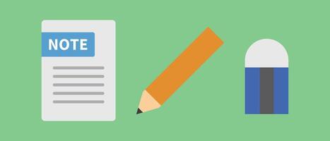 Icon set of a notebook, pen and eraser. vector
