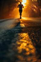 A runner running towards a finishing line, a concept of success and achievements photo