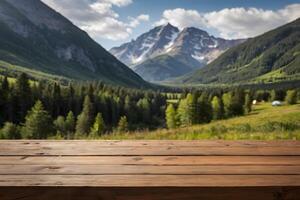 A close up of a wooden table with camping background photo