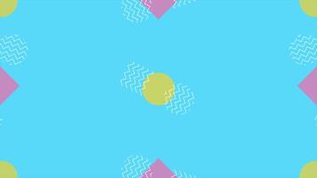Animation of geometric pattern memphis style squares, circles and zigzag lines with colorful color. Loop playback on 4K video