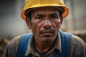 A close up portrait of a tired worker in a construction site photo