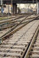 View of train Railway Tracks from the middle during daytime at Amritsar railway station in India, Train railway track view, Indian Railway junction, Heavy industry photo