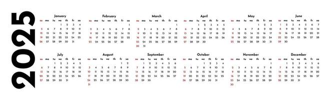 Calendar for 2025 isolated on a white background vector