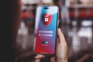 Smartphone security system. concept of technology protecting access to personal data and online financial transactions. with secure identification and password photo