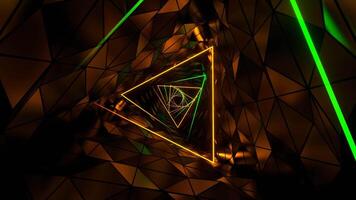 Orange and Green Neon Ribbed Triangular Spiral Tunnel Background VJ Loop in 4K video