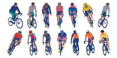 Action cyclists collection soft multi color illustration. Action cyclists isolated on white background. vector