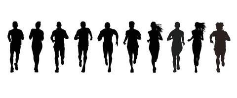 Silhouette runner front view collection illustration. Silhouette people running isolated on white background. vector