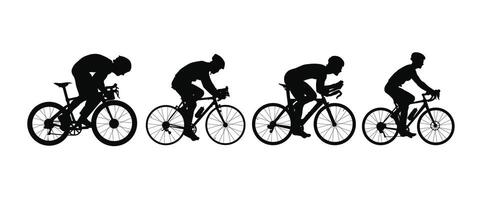 Action cyclists silhouette side view illustration isolated on white background. Collection bikers. vector