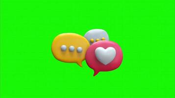 A 3D chat bubbles icon with heart and dots on a green background. video