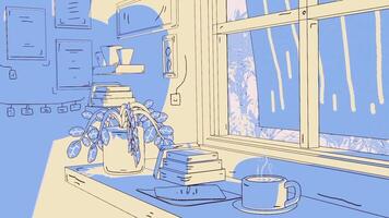lo fi cartoon art interior loop animation, cozy relaxed atmosphere in front of an open window with a book and a cup of coffee video