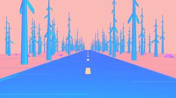 journey through low poly forest, animated loop highway, with contrasting blue and pink color style video