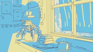 lo fi cartoon art interior loop animation, cozy relaxed atmosphere in front of an open window with a book and a cup of coffee video
