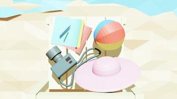 3D low poly animation cartoon, relaxing atmosphere on the beach, chair with camera, hat, ball and some sheets of paper. animation loop video