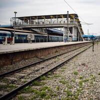 View of train Railway Tracks from the middle during daytime at Amritsar railway station in India, Train railway track view, Indian Railway junction, Heavy industry photo