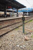View of train Railway Tracks from the middle during daytime at Amritsar railway station in India, Train railway track view, Indian Railway junction, Heavy industry photo