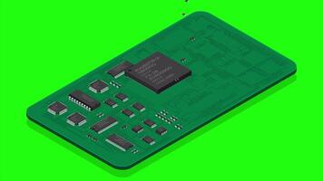 Isometric electronic board animation. Isometric printed circuit board with electronic components. Electronic components and integrated circuit board. 4K animated in isometric style video