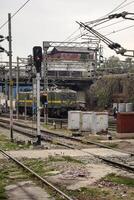 View of train Railway Tracks from the middle during daytime at Amritsar railway station in India, Train railway track view, Indian Railway junction, Heavy industry photo