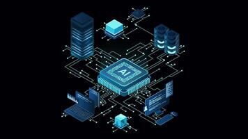 Isometric artificial intelligence chip animation. Artificial Intelligence server. Futuristic microchip processor. Isometric cloud computing. Transparent background with alpha channel video