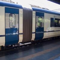Delhi, India, June 09 2024 - Vande Bharat Express train going from Delhi towards Dehradun from Anand Vihar railway station, Vande Bharat fastest Train of India photo