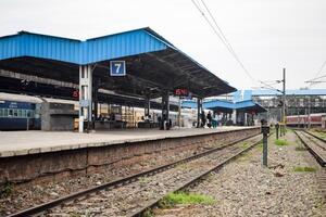 View of train Railway Tracks from the middle during daytime at Amritsar railway station in India, Train railway track view, Indian Railway junction, Heavy industry photo