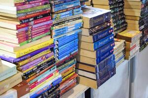 New Delhi, India, July 17 2024 - Variety of Books on shelf inside a book-stall at Delhi International Book Fair, Selection of books on display in Annual Book Fair at Bharat Mandapam complex photo