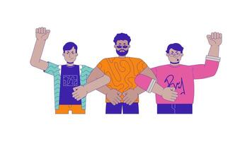 Resistance protest line cartoon animation. Multicultural men together demonstration 4K motion graphic. Male demonstrators raised hands 2D linear animated characters isolated on white background video