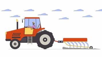 Black farmer riding tractor plowing field line cartoon animation. Agriculture activity 4K motion graphic. Countryman tractorist 2D linear animated character isolated on white background video