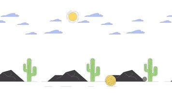 Desert landscape with tumbleweed rolling line cartoon animation. American west 4K motion graphic. Mexico wilderness. Mountains cactus 2D linear animated scene isolated on white background video