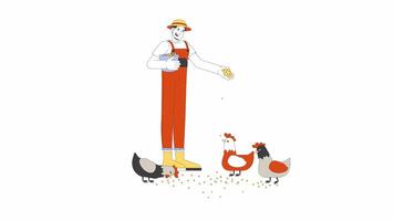 Korean farmer sprinkling chicken food on ground line 2D character animation. Chicks feeding flat color cartoon 4K , alpha channel. Countryman with poultry animated person on white background video