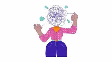 Mental health struggles line 2D animation. Faceless woman with chaotic mind 4K motion graphic. Disorganized mind. Intrusive thoughts linear animated cartoon flat concept, white background video