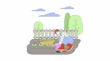 Farmer man planting seedlings line cartoon animation. Agriculture activity outdoors 4K motion graphic. Korean male vegetable gardener 2D linear animated character isolated on white background video