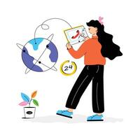 An illustration depicting 24,7 global customer support with a woman using a tablet. vector