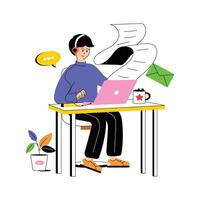 Customer service representative working on a laptop with a headset. Customizable illustration vector