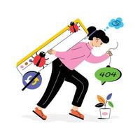 Girl with bugs and 404 error shows a flat illustration of website error vector