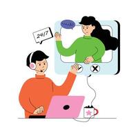 Illustration of a call operator with headset, interacting in real-time communication. vector