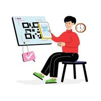 Man with a phone scans a code that shows an easy-to-scan QR code illustration for any mobile device. vector