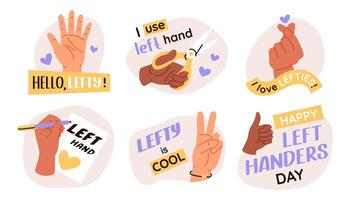 Left handers day stickers. Group of illustration of left hand. Celebration lefty people day concept. vector