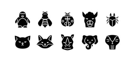 Set of animal icons. Solid glyph animal icons pack contains icon such as cat, llama, rhino, fox, elephant, insect, penguin etc vector