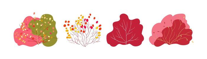 Set of autumn plants folk. Pink, burgundy and green bushes Bush with yellow and red leaves vector
