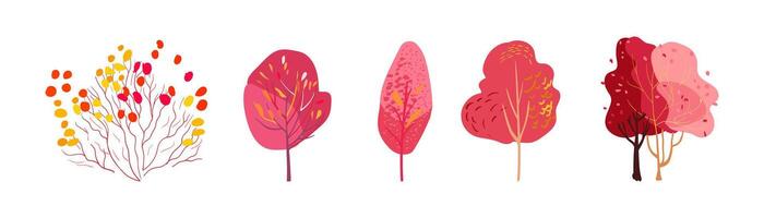 Set of autumn plants folk. Pink and burgundy trees Bush with yellow and red leaves on a white background. Hand drawn. Flat vector