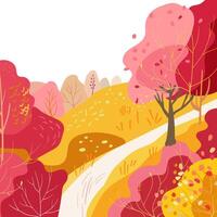 Path in the hills. Autumn red yellow trees and bushes. Square poster folk postcard. Hand drawn, vector